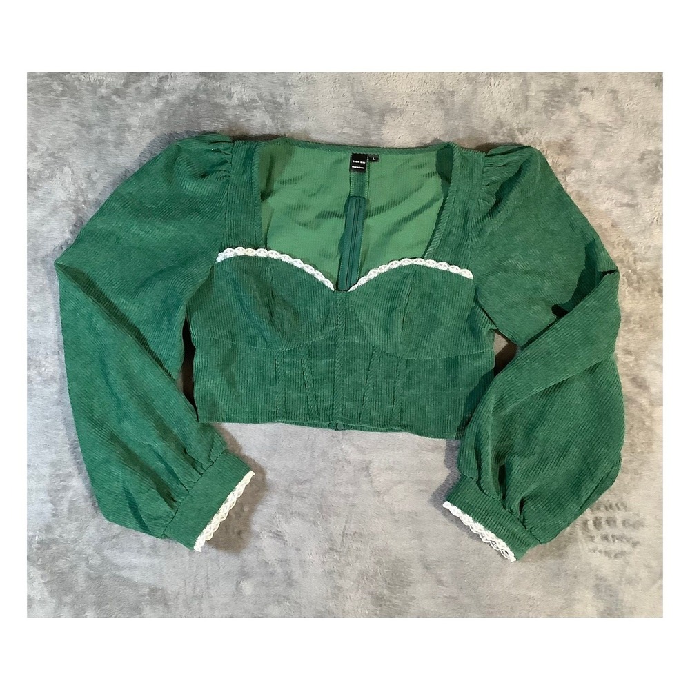 SHEIN MOD Green Corduroy Cropped Top Lace‎ Trim Puff Sleeve L